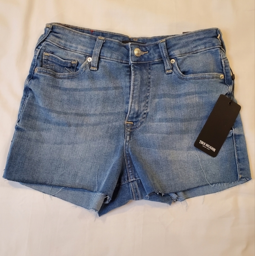 True Religion Maise High Rise Raw Hem Medium Wash Denim Shorts Size 27‎ NWT